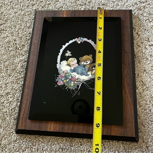 Retro Foil Art Etched Wall Art Print Baby Boy Teddy Bear Pink Blue Floral Wooden - Picture 12 of 13
